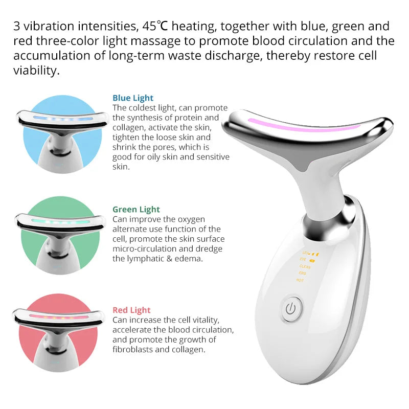 Face and Neck Massage Device, Microcirculation Features, Enhances Skin Firmness, Led Photon Therapy